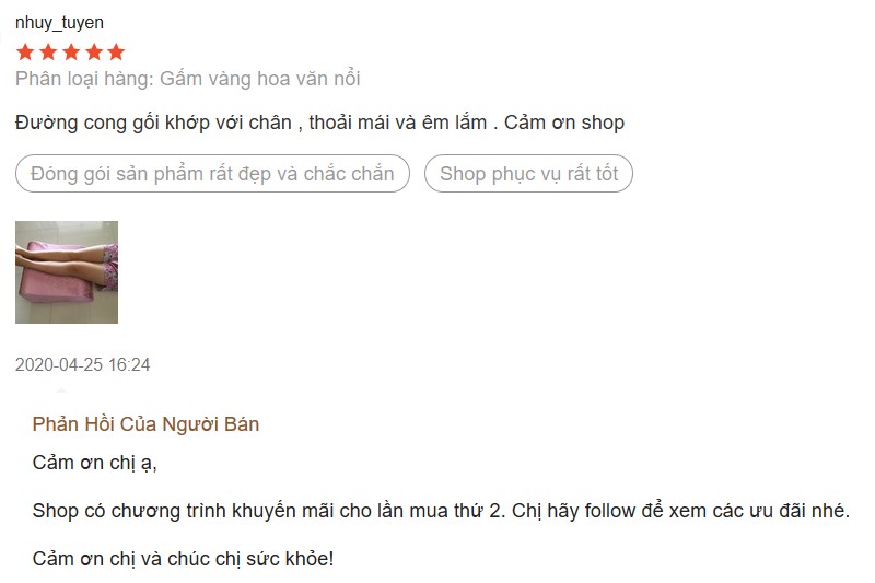 Feedback của khách mua gối giãn tĩnh mạch mua qua shopee